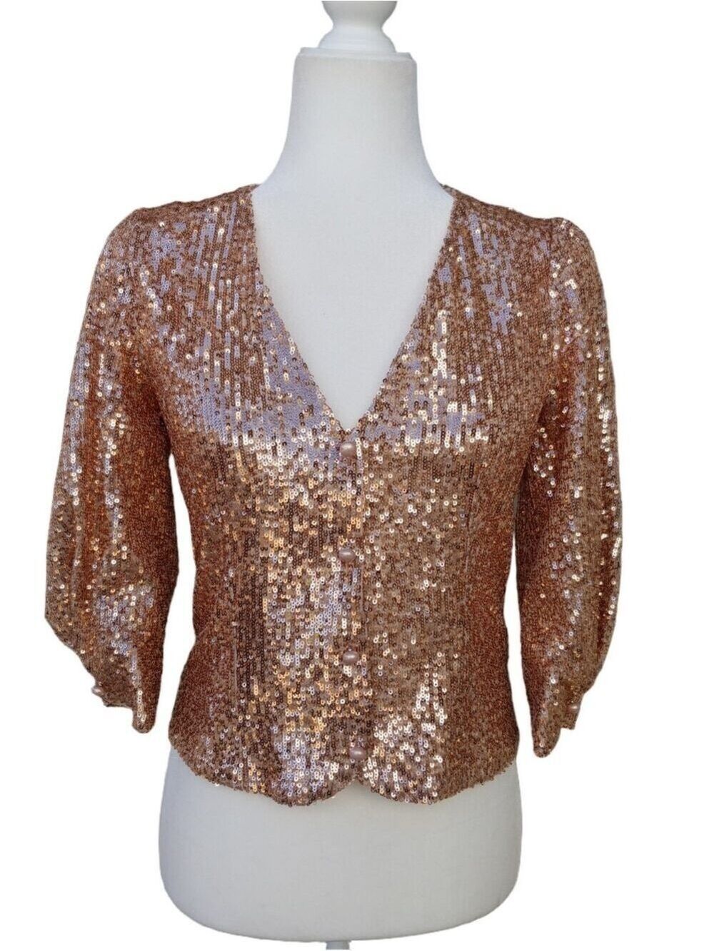 Maje Sequin Rose Gold Dress Top with Pearl Buttons size Euro 1 US 2 NWT